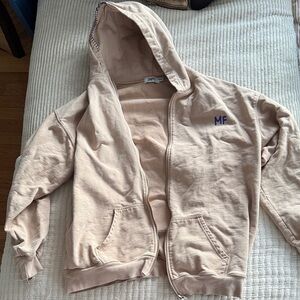 Beige Full-Zip Hoodie Sweatshirt with Subtle 'MF' Embroidery